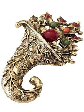 1928 Brand Autumn Leaves Fall Cornucopia Brooch Lucite Cabochon Pin, J38